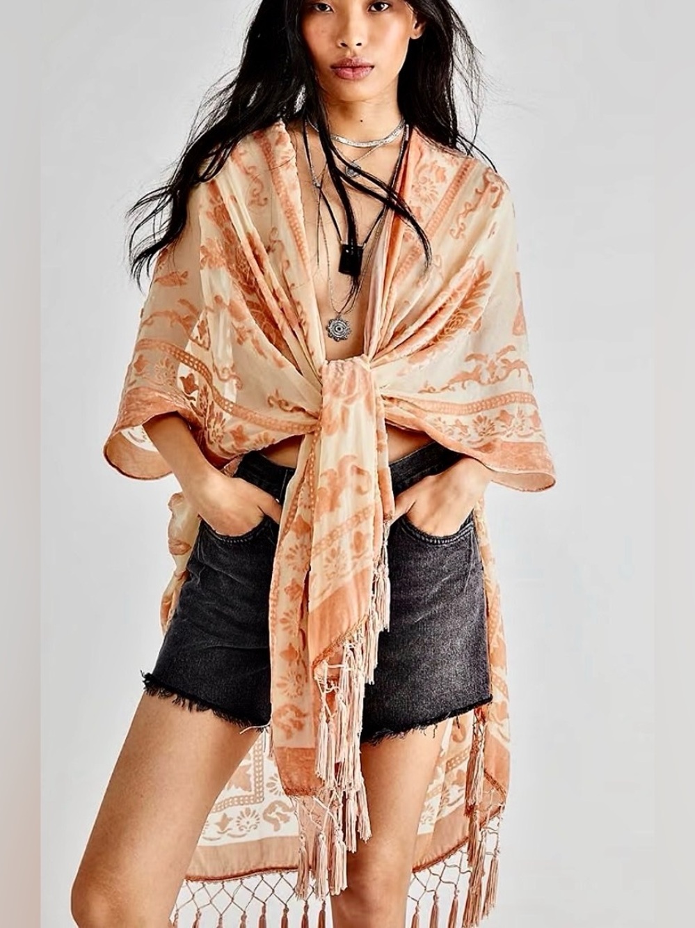 Free People Peach & Cream Printed Fringe Wrap peach color
